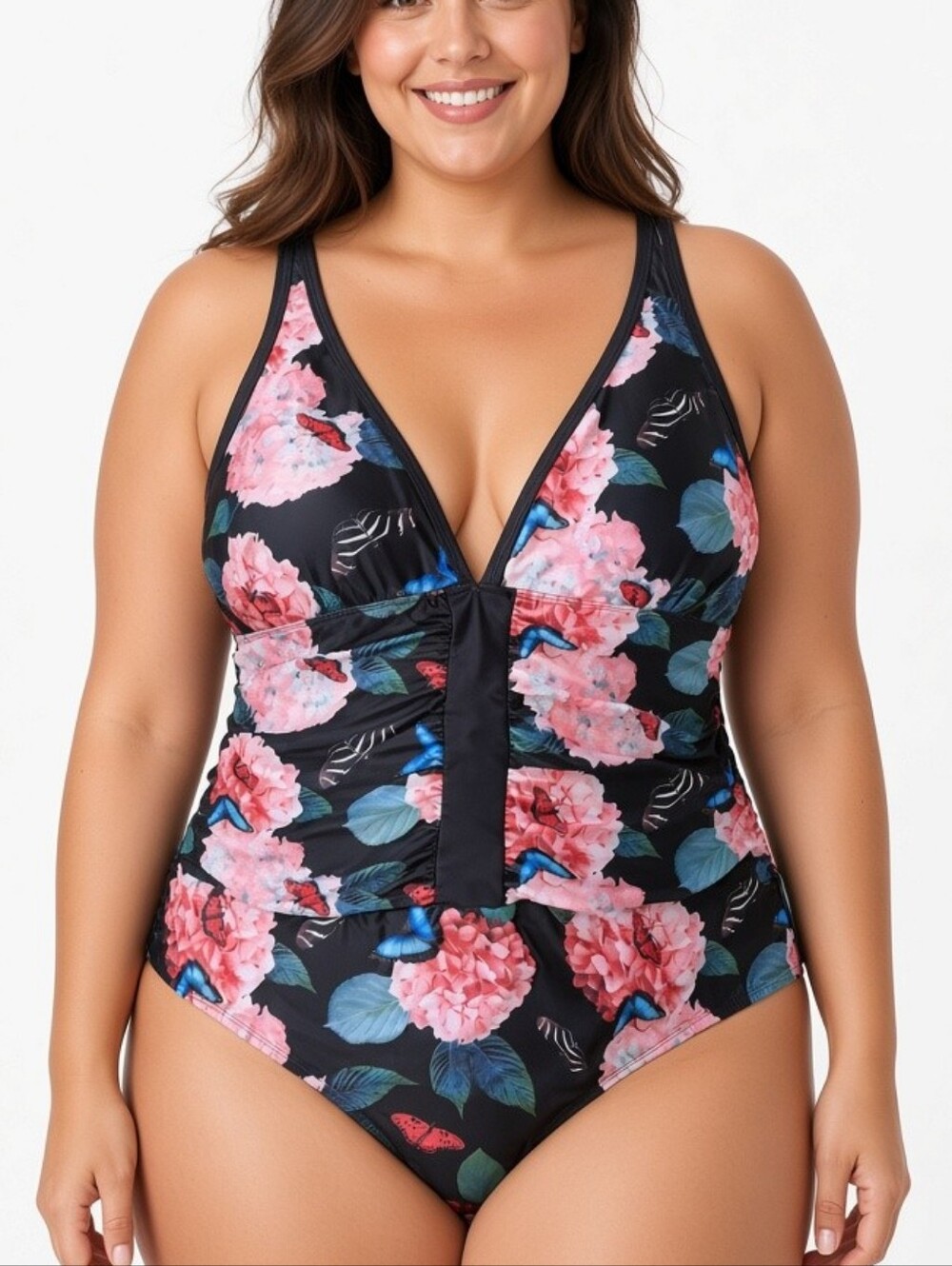 2X Black Floral V-Neck One-Piece Swimsuit